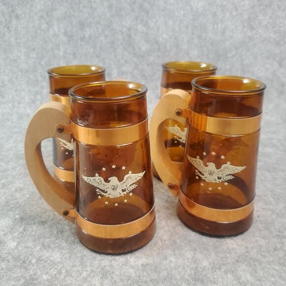 Siesta Ware Amber Glasses Set of 4 Patriotic Eagle Wooden Handle Mug Stein - Picture 1 of 10
